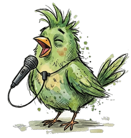 A green bird singing into a microphone